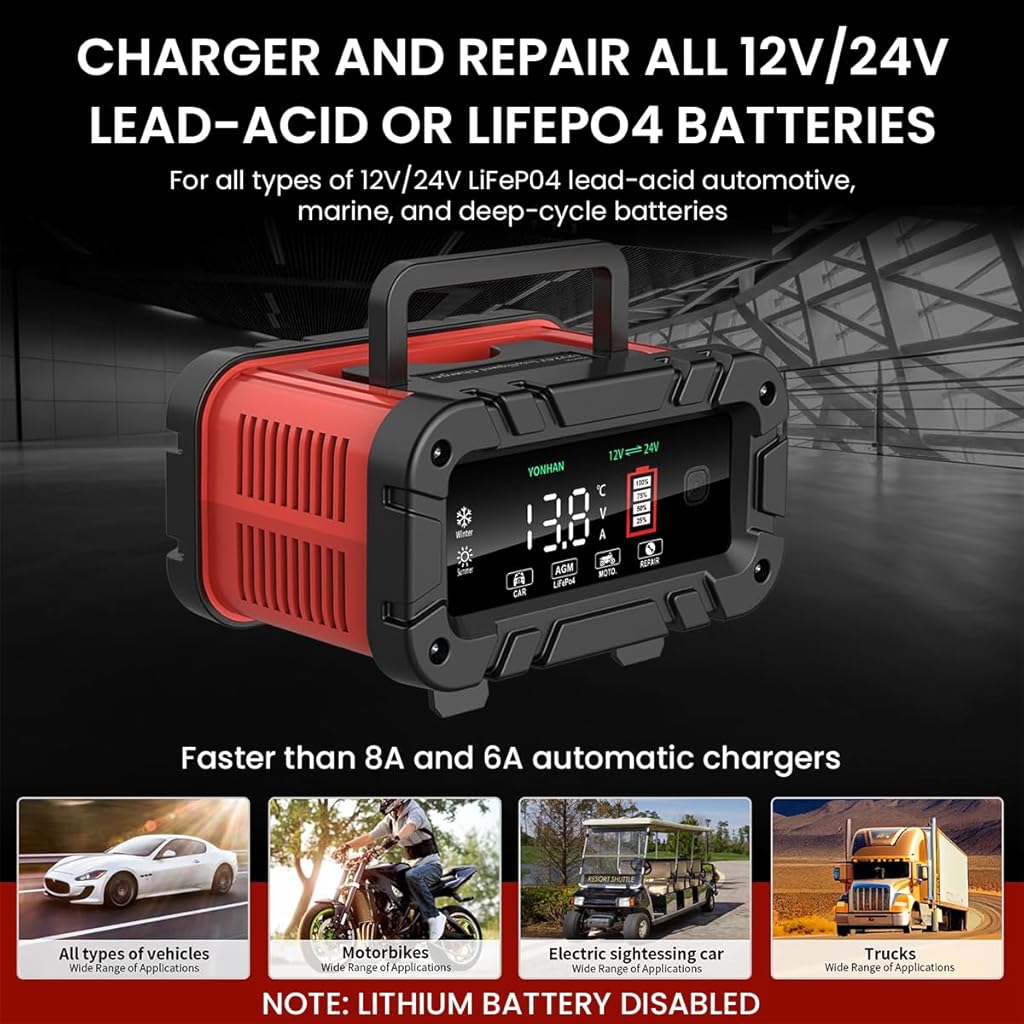 STHIRA 12V/24V Smart Car Battery Charger, Full Automatic with Repair Mode Bike Battery Charger, LCD Display & Safety Protection, LiFePO4/Lead Acid Battery Charger for Car, Bike, Lawn Mower Batteries STHIRA 12V/24V Smart Car Battery Charger, Full Automatic with Repair Mode Bike Battery Charger, LCD Display & Safety Protection, LiFePO4/Lead Acid Battery Charger for Car, Bike, Lawn Mower Batteries
